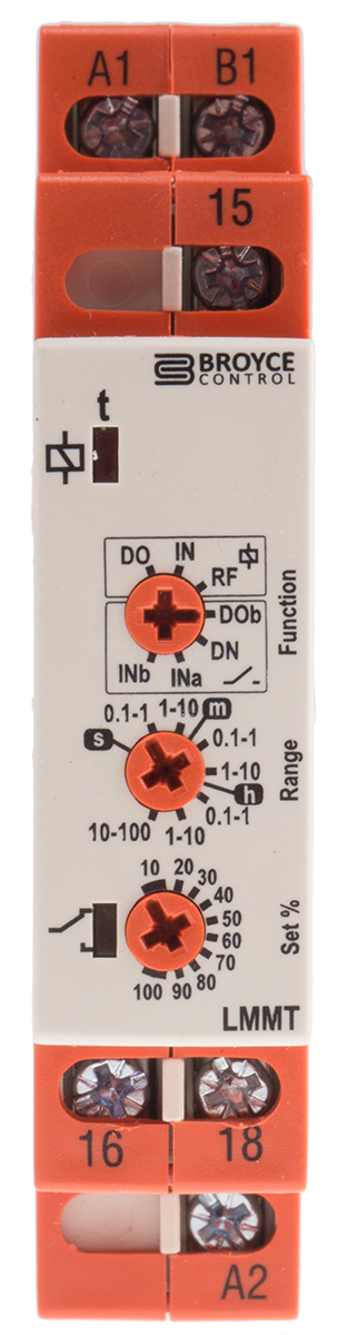 Broyce Control LMMT Series DIN Rail Timer Relay, 1-Contact, 230 V dc 230V ac, 24 V ac, 0.1 s to 100 h,