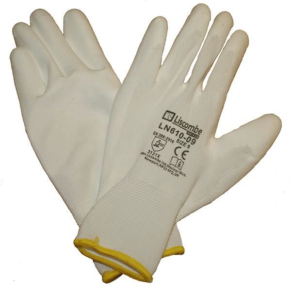 Liscombe White Polyamide Work Gloves, Size 6, Polyurethane Coating