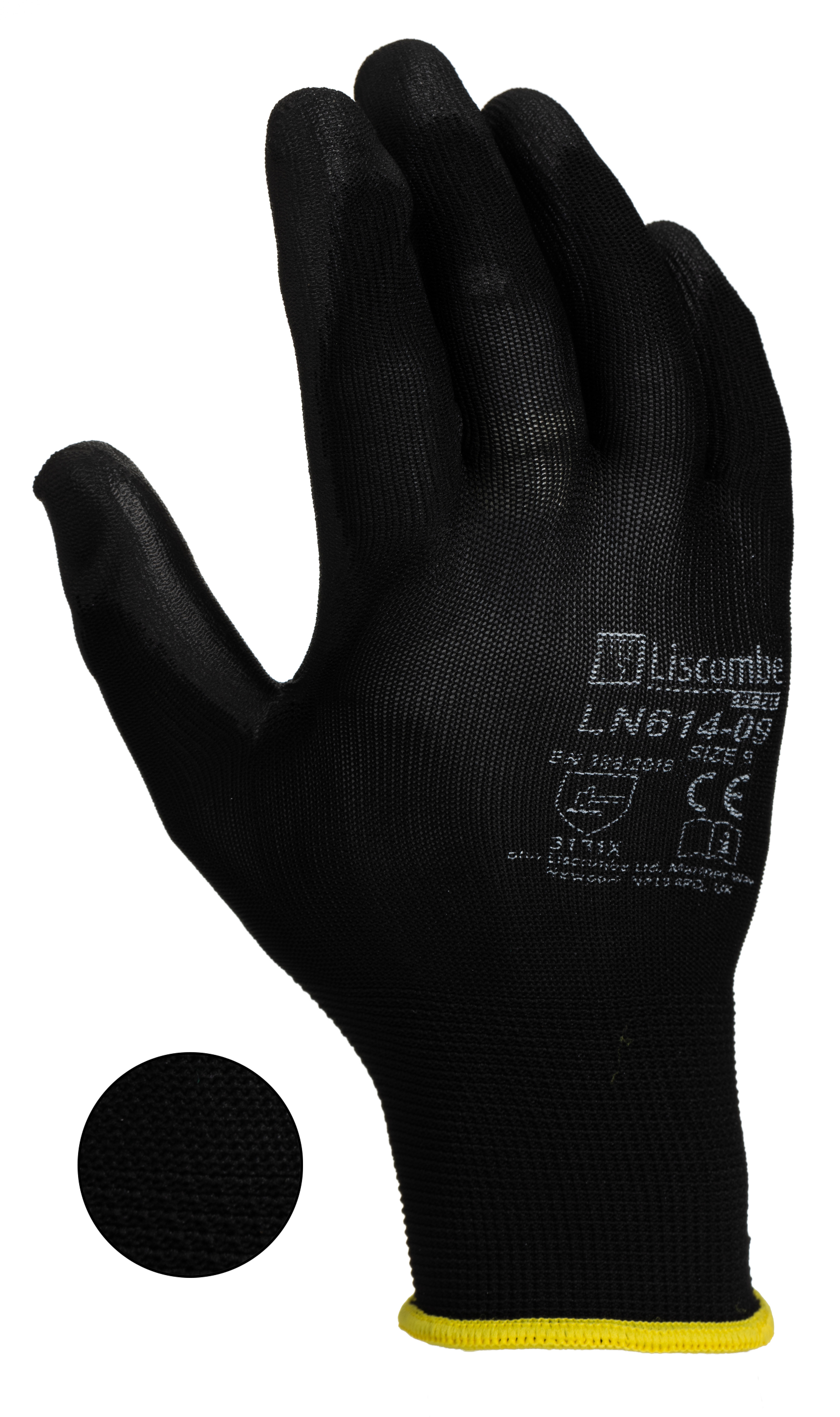ln614-09 Liscombe Black Polyamide Work Gloves, Size 9, Polyurethane Coating
