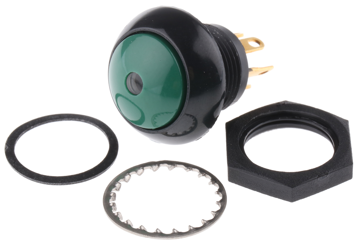 lp9-11131f25 Otto P9 Series Illuminated Push Button Switch, Momentary, Panel, 20 mm Cutout, SPDT, Green LED, IP68, 28 V dc 115 V ac