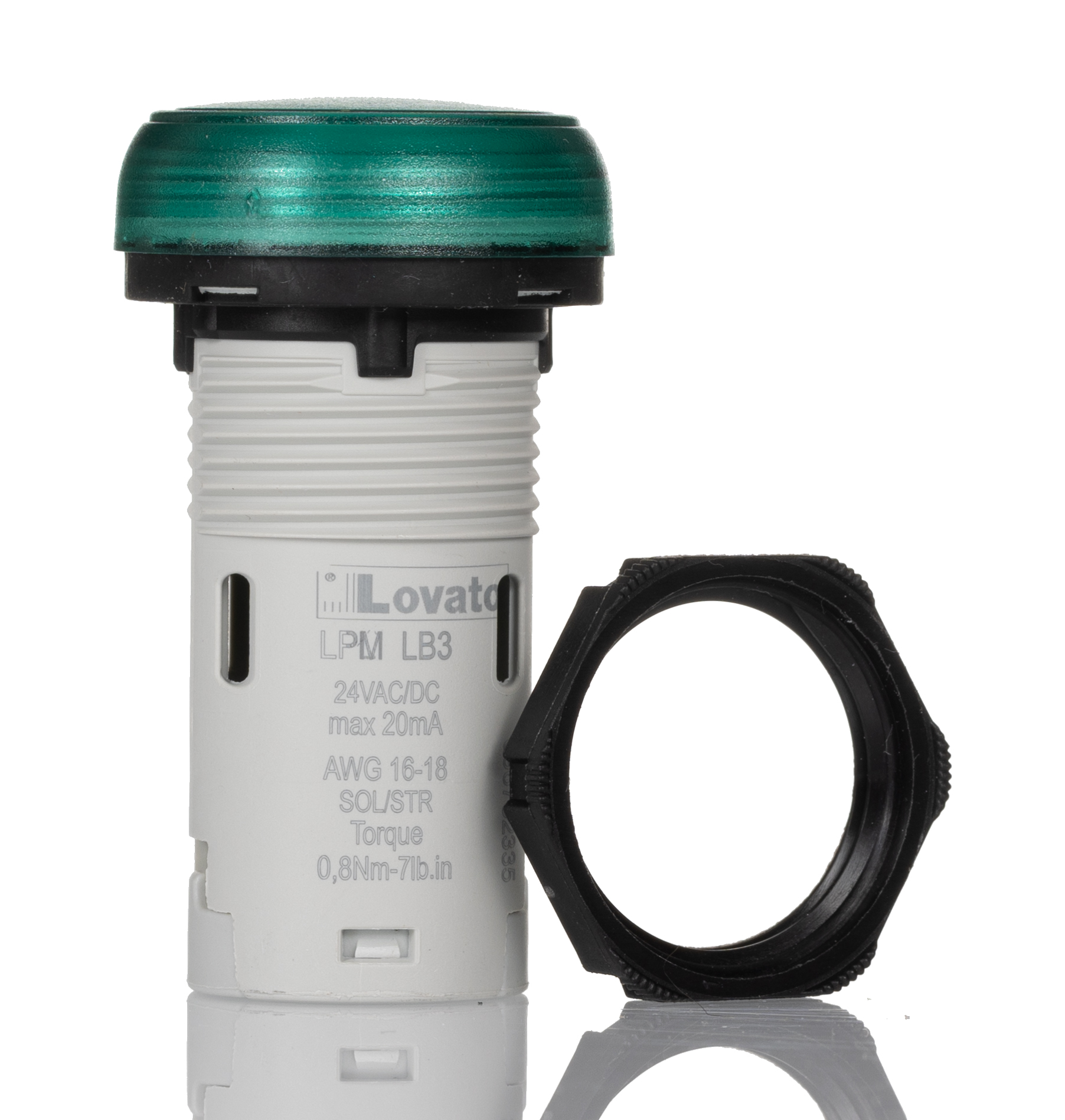 Lovato, LPML, Panel Mount Green LED Pilot Light, 22 mm Cutout, IP69K, IP67, IP66, Round, 24V