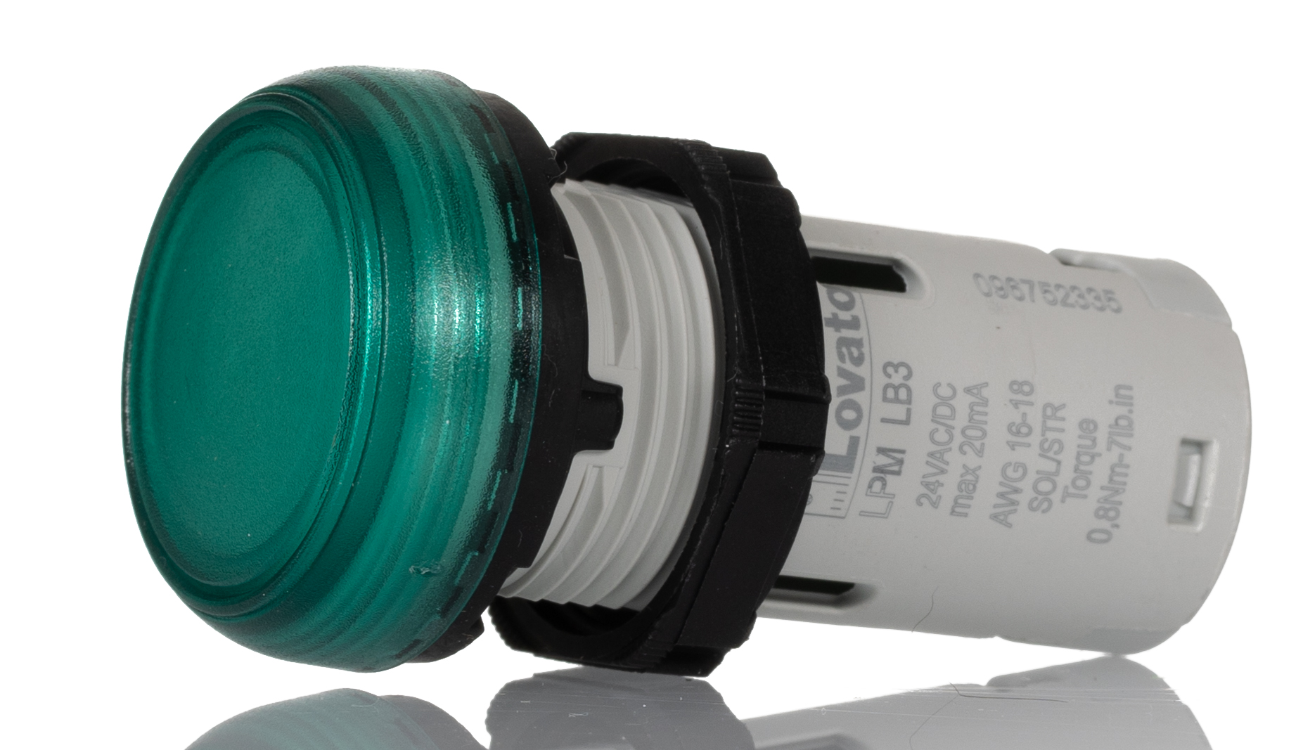 lpmlb3 Lovato, LPML, Panel Mount Green LED Pilot Light, 22 mm Cutout, IP69K, IP67, IP66, Round, 24V
