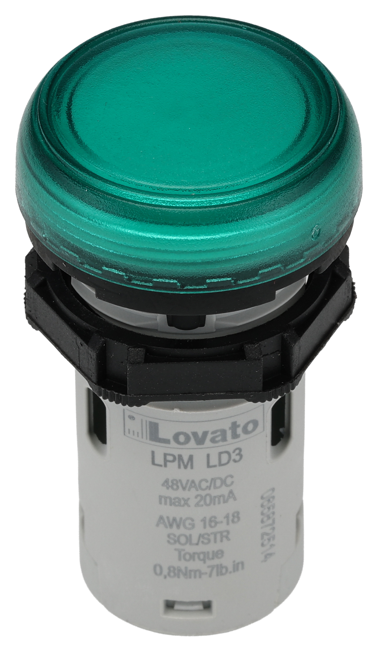 Lovato, LPML, Panel Mount Green LED Pilot Light, 22 mm Cutout, IP67, IP66, IP69K, Round, 48V