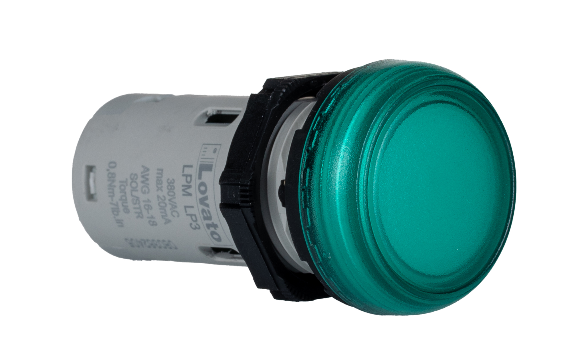 Lovato, LPML, Panel Mount Green LED Pilot Light, 22 mm Cutout, IP67, IP66, IP69K, Round, 380V, 415 V