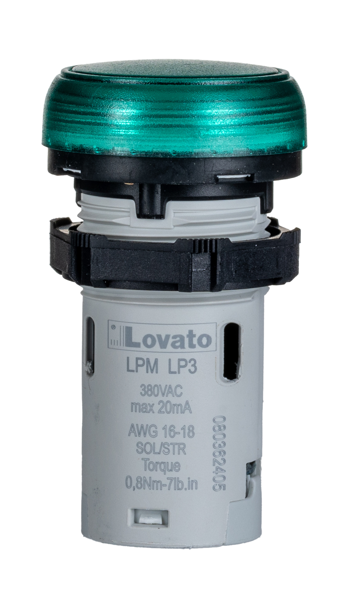 lpmlp3 Lovato, LPML, Panel Mount Green LED Pilot Light, 22 mm Cutout, IP67, IP66, IP69K, Round, 380V, 415 V
