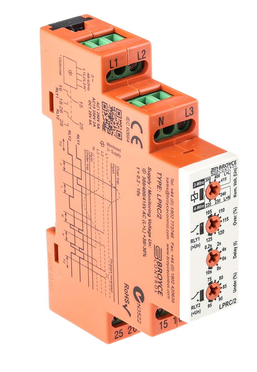 lprc2-400v Broyce Control Monitoring Relay, 3 Phase, SPDT, DIN Rail, 243V ac, 540 V ac
