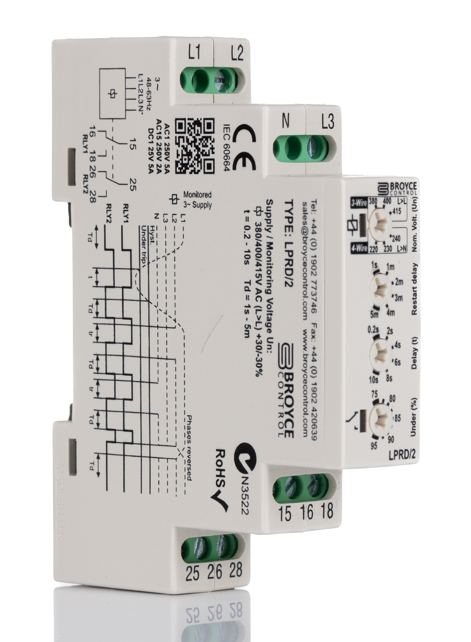 lprd2-400v Broyce Control Monitoring Relay, 3 Phase, DPDT, DIN Rail, 243V ac, 540 V ac