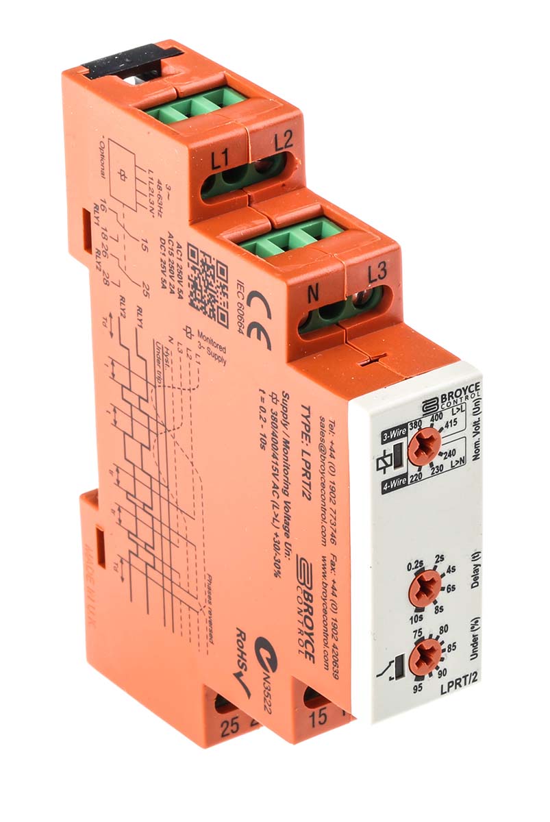 lprt2-400v Broyce Control Monitoring Relay, 3 Phase, 0 V ac Monitor Range, DPDT, DIN Rail, 243V ac, 540 V ac