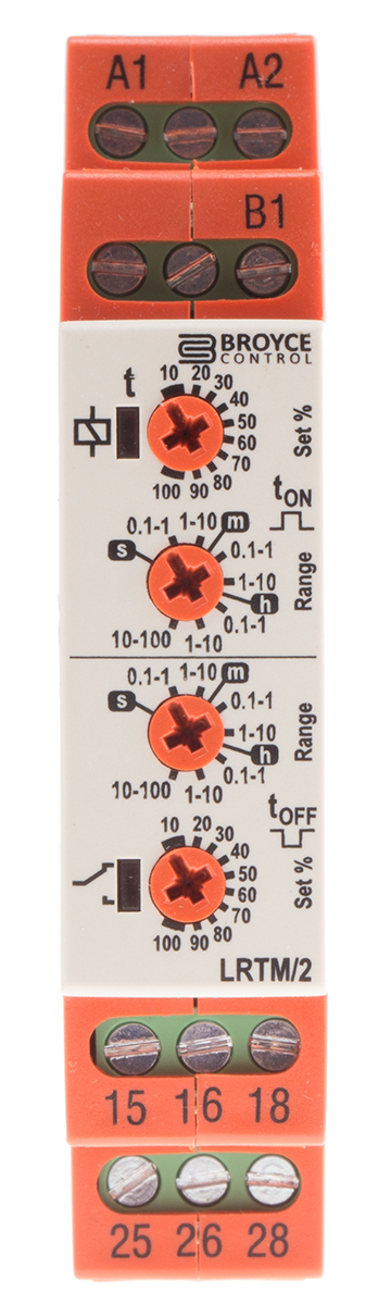 Broyce Control LRTM Series DIN Rail Timer Relay, 2-Contact, 230 V dc 12V ac, 230 V ac, 0.1 s to 100 h, 2-Function, DPDT