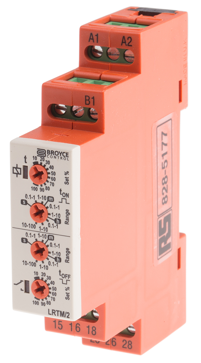 lrtm2-12-230v-acdc Broyce Control LRTM Series DIN Rail Timer Relay, 2-Contact, 230 V dc 12V ac, 230 V ac, 0.1 s to 100 h, 2-Function, DPDT