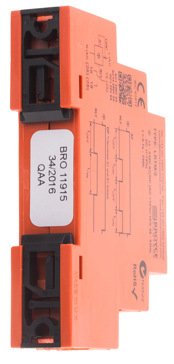 lrtm2-12-230v-acdc Broyce Control LRTM Series DIN Rail Timer Relay, 2-Contact, 230 V dc 12V ac, 230 V ac, 0.1 s to 100 h, 2-Function, DPDT