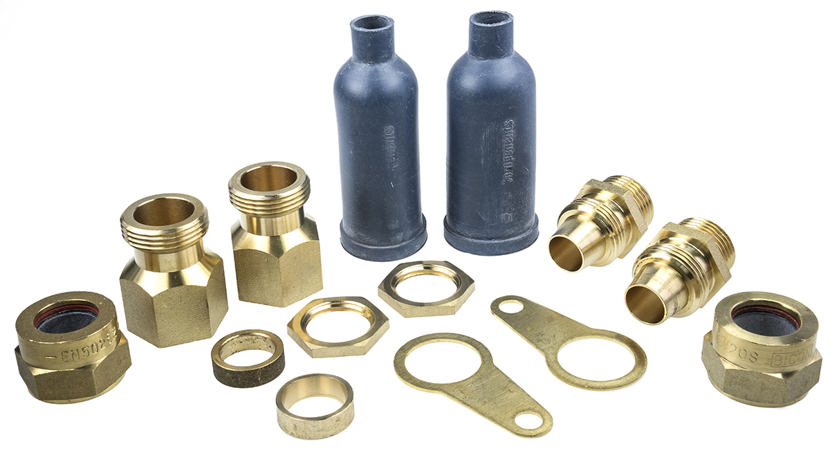 Prysmian LSF-CW Series 9 Cable Gland Kit, kit contents: 1 x Armour Ring, 1 x Earth Tag, 1 x Gland Barrel, 1 x Gland