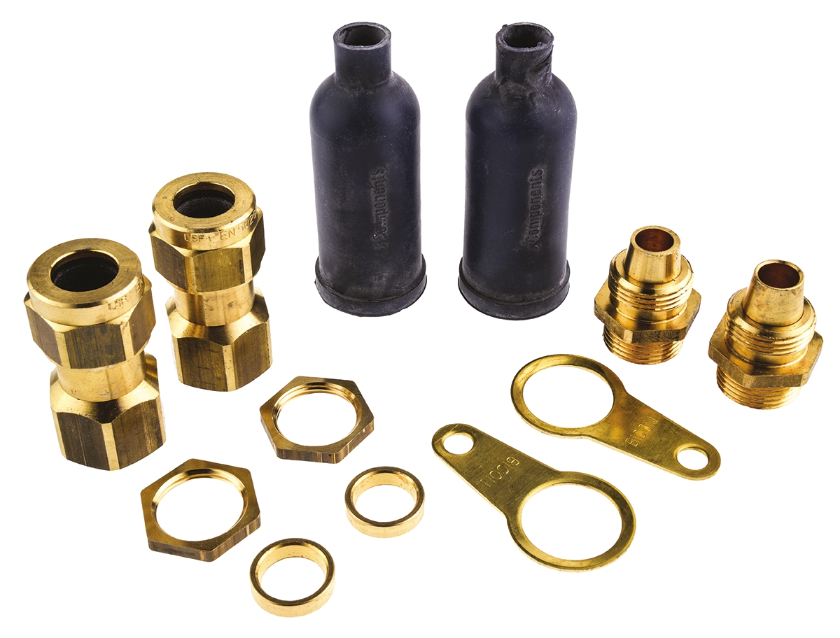 Prysmian LSF-CW Series 9 Cable Gland Kit, kit contents: 1 x Armour Ring, 1 x Earth Tag, 1 x Gland Barrel, 1 x Gland