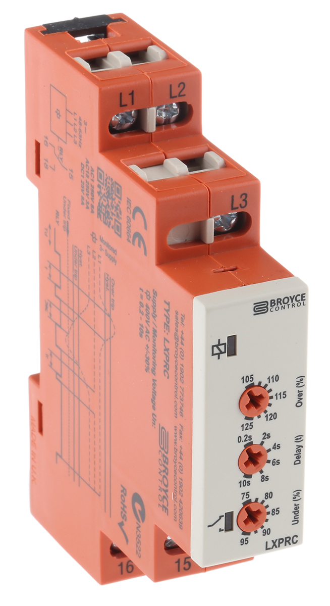 Broyce Control Monitoring Relay, 3 Phase, SPDT, DIN Rail, 110V ac, 415 V ac 25 V ac
