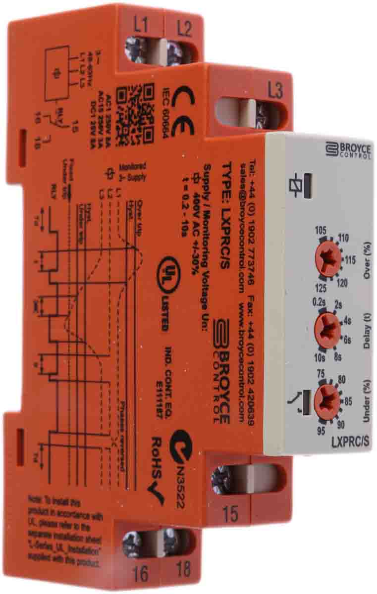 Broyce Control Monitoring Relay, 3 Phase, SPDT, DIN Rail, 110V ac, 415 V ac 25 V ac