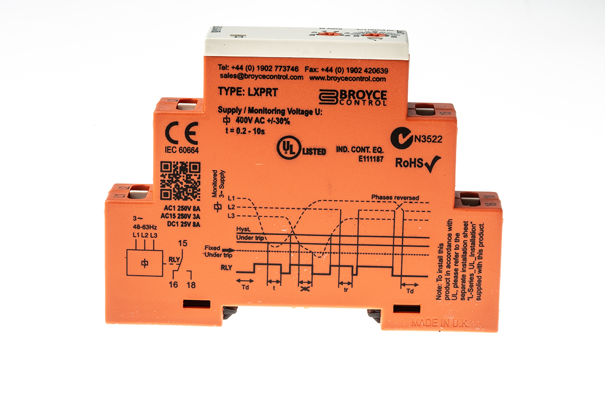 Broyce Control Monitoring Relay, 3 Phase, SPDT, DIN Rail, 520V ac, 77 V ac 25 V ac