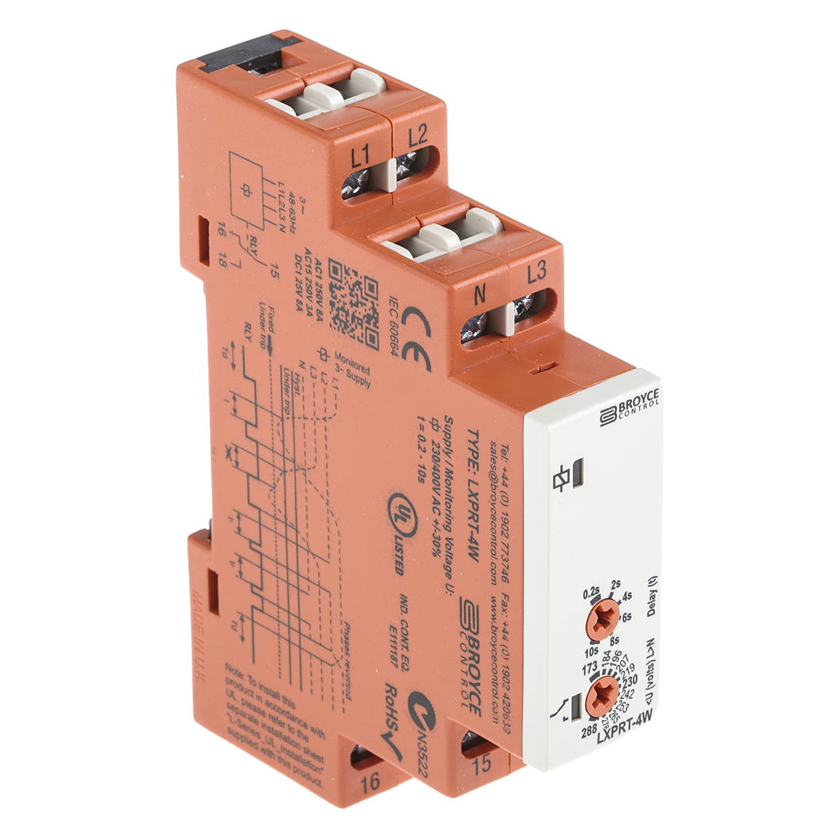 Broyce Control Monitoring Relay, 3 Phase, 173/288 V ac Monitor Range, SPDT, DIN Rail, 230V ac 25 V ac