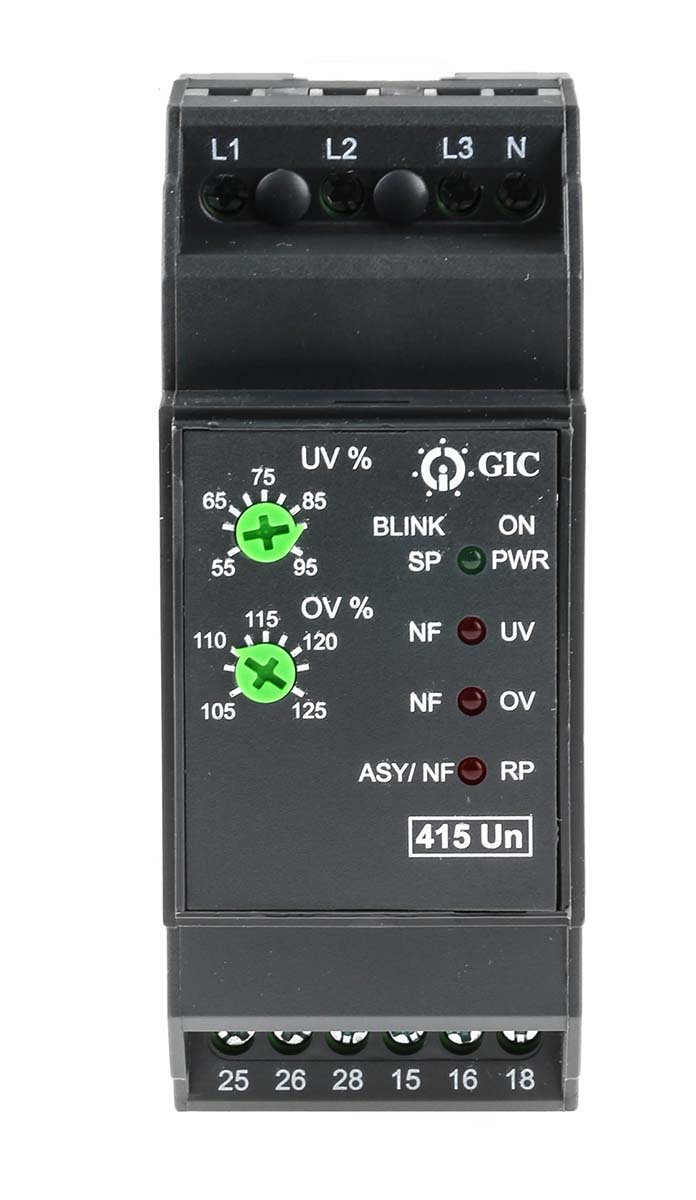 GIC Monitoring Relay, 3 Phase, DPDT, DIN Rail, Base, 415V ac 28 V dc
