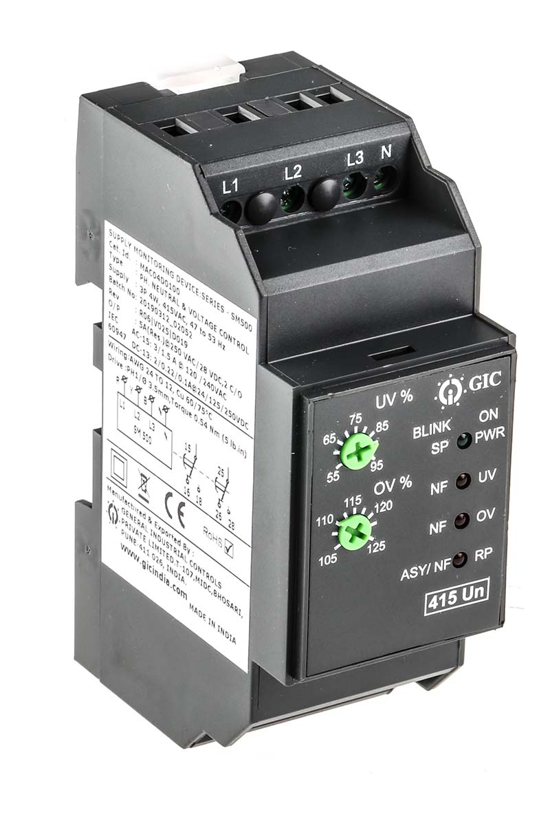 mac04d0100 GIC Monitoring Relay, 3 Phase, DPDT, DIN Rail, Base, 415V ac 28 V dc