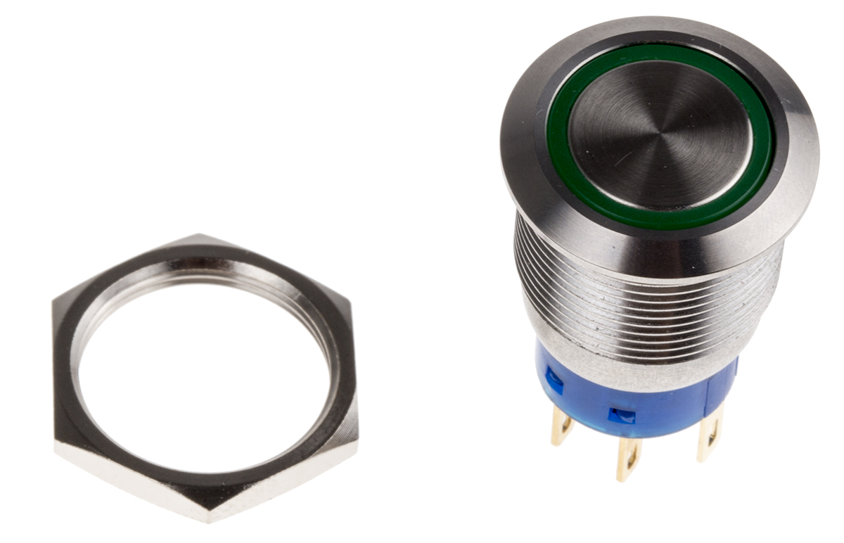 KNITTER-SWITCH MAV Series Illuminated Push Button Switch, Momentary, Panel, 19.2 mm Cutout, DPDT, Green LED, IP67, 28 V