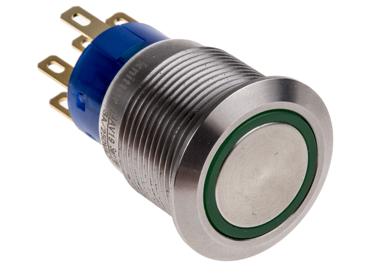 mav19a0f20e-624-jr KNITTER-SWITCH MAV Series Illuminated Push Button Switch, Momentary, Panel, 19.2 mm Cutout, DPDT, Green LED, IP67, 28 V