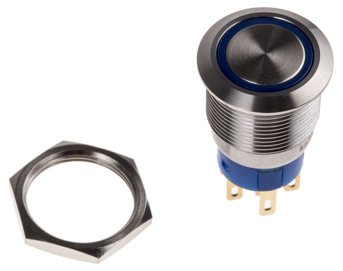 KNITTER-SWITCH MAV Series Illuminated Push Button Switch, Momentary, Panel, 19.2 mm Cutout, DPDT, Blue LED, IP67, 28 V