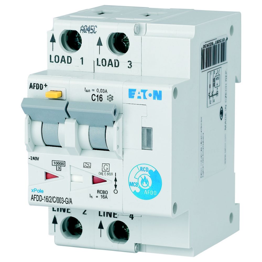 Eaton Residual Current Circuit Breaker with Overload Protection, 10kA Current Rating, 2-Pole, Type C, AFDD Range, Eaton