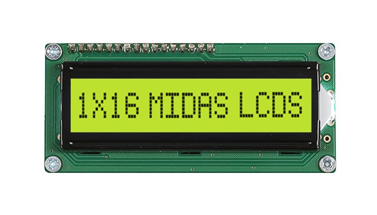 Midas MC11605A6W-SPTLY-V2 MC116 Alphanumeric LED LCD Monochrome Display, Black on Yellow, Green, 1 Row By 16 Characters