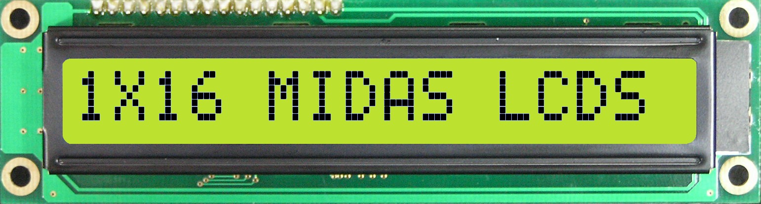 Midas MC11609A6W-SPTLY-V2 MC11 Alphanumeric LED LCD Monochrome Display, Black on Yellow, Green, 1 Row By 16 Characters