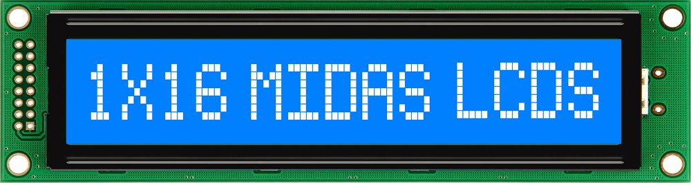 Midas MC11615A6W-BNMLW-V2 MC11615A6W LCD LED LCD Monochrome Display, White on Blue, 1 Row By 16 Characters