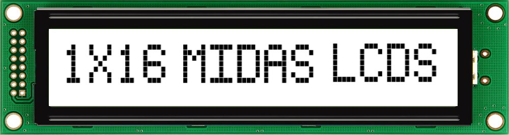 Midas MC11615A6W-FPTLW-V2 MC11 Alphanumeric LED LCD Monochrome Display, Black on White, 1 Row By 16 Characters
