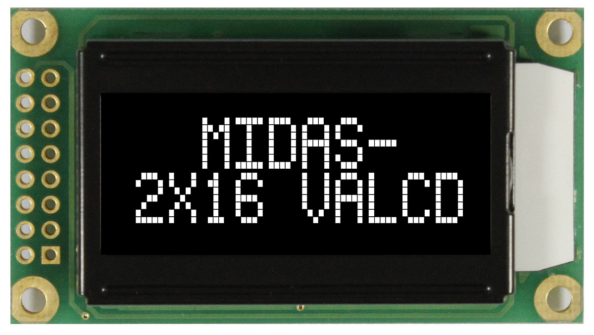 Midas MC20805A12W-VNMLW MC20805 Alphanumeric LED LCD Monochrome Display, White on Black, 2 x 8
