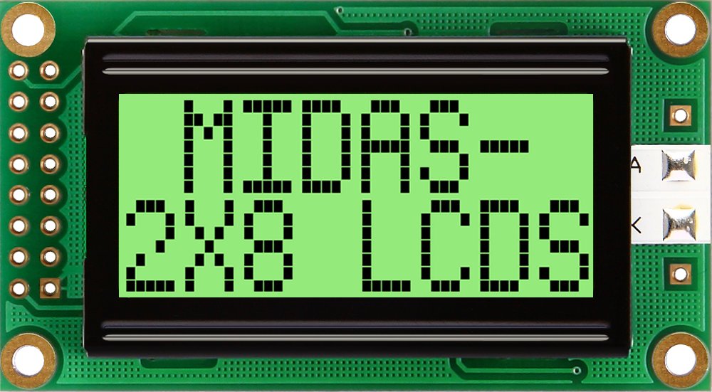 Midas MC20805A6W-GPTLY-V2 MC STN LCD LED LCD Module, Black on Green, Yellow