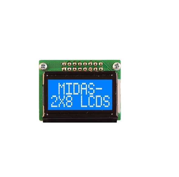 Midas MC20805B6W-BNMLW3.3-V2 LCD LED LCD Monochrome Display, White on Blue, White, 2 x 8