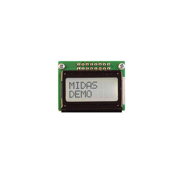 Midas MC20805B6W-FPTLW3.3-V2 MC20805B6W-FPTLW3.3-V2 LCD LED LCD Monochrome Display, White on Black, White, 2 x 8