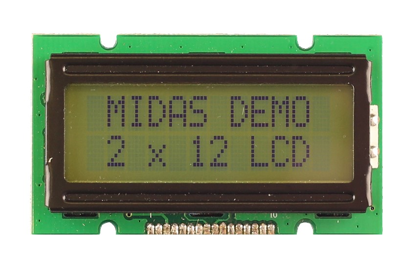Midas MC21205A6W1-SPR MC21 Alphanumeric Without backlight LCD Monochrome Display, Black on Green, Yellow, 2 x 12