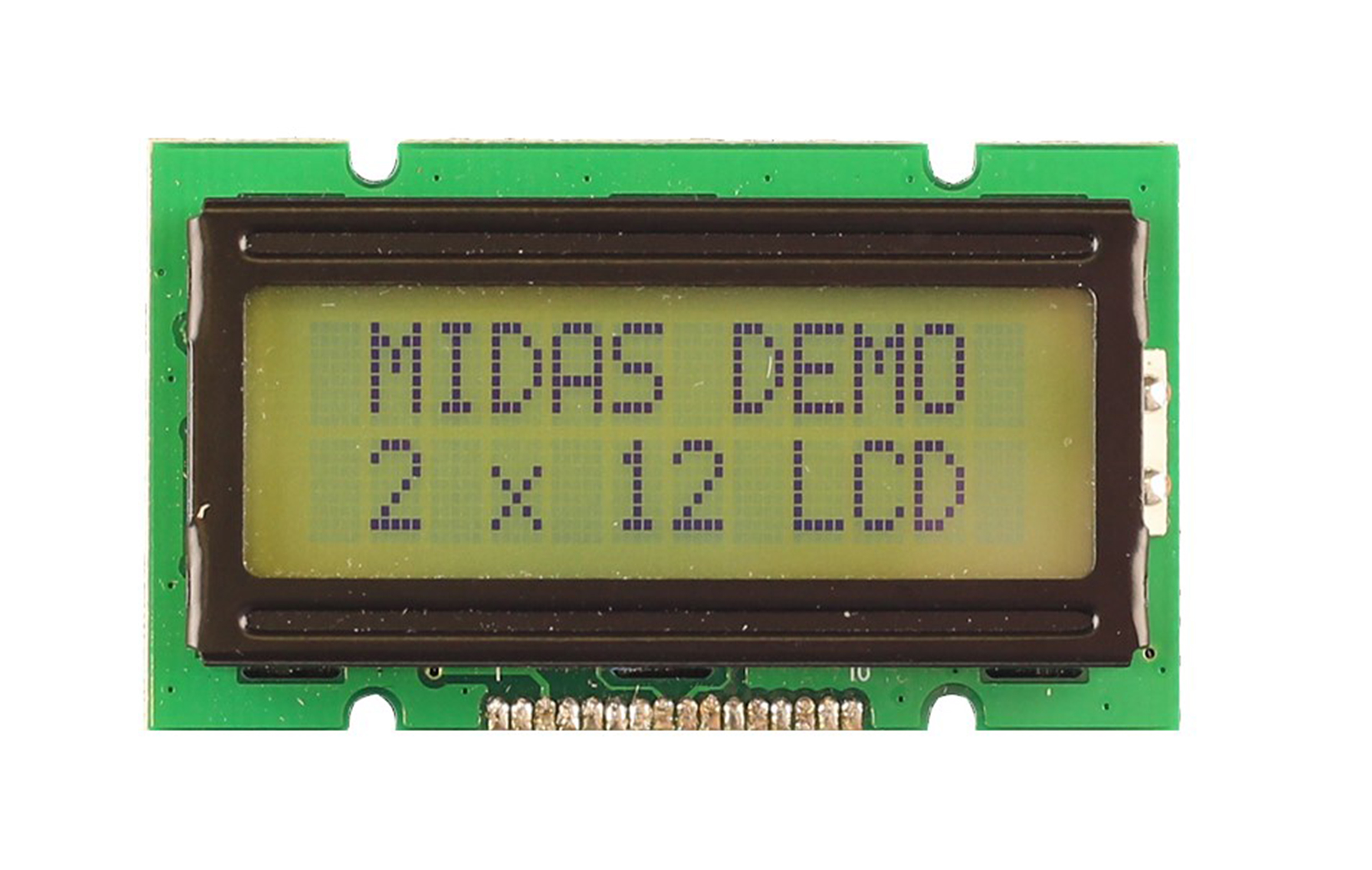 Midas MC21205A6W1-SPTLY MC21 Alphanumeric LED LCD Monochrome Display, Black on Green, Yellow, 2 x 12
