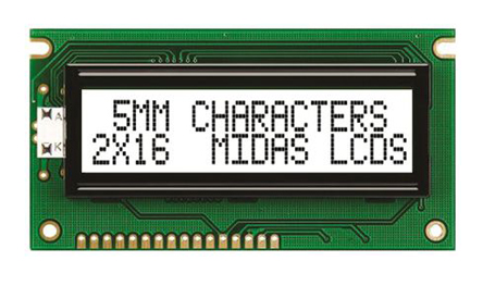 Midas MC21605A6W-FPTLW-V2 A Alphanumeric LED LCD Monochrome Display, White on White, 2 x 16