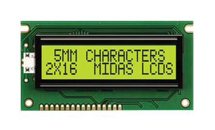 Midas MC21605A6W-SPR-V2 A Alphanumeric LED LCD Monochrome Display, Green on Green, 2 x 16