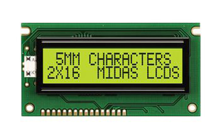 Midas MC21605A6WD-SPTLY-V2 A Alphanumeric LED LCD Monochrome Display, Green, Yellow on Yellow, Green, 2 x 16
