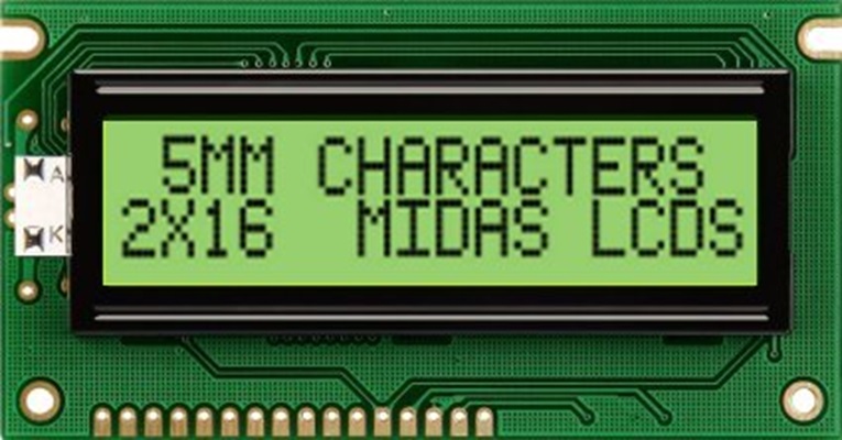 Midas MC21605AB6W-GPTLY-V2 MC21605AB6W LCD LED LCD Monochrome Display, Black on Green, Yellow, 2 x 16