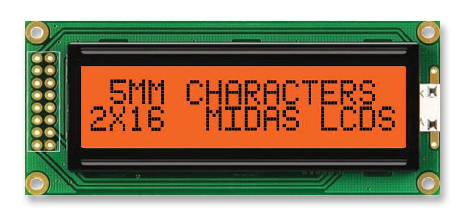 Midas MC21605B6W-FPTLA-V2 MC STN LCD LED LCD Module, Amber on Green, Yellow