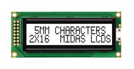 Midas MC21605B6W-FPTLW-V2 B Alphanumeric LED LCD Monochrome Display, White on White, 2 x 16