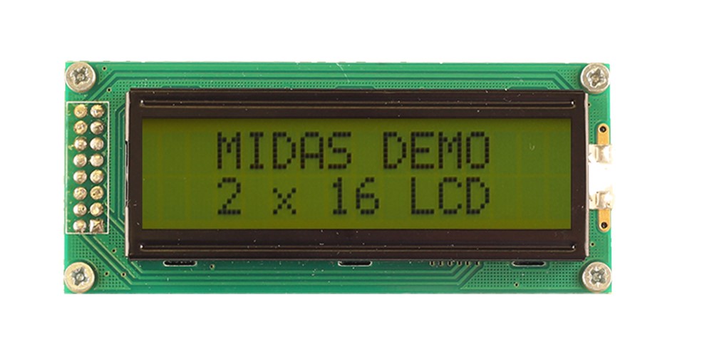 Midas MC21605B6W-SPR-V2 MC21 Alphanumeric Reflective LCD Monochrome Display, Black on Green, Yellow, 1 Row By 16