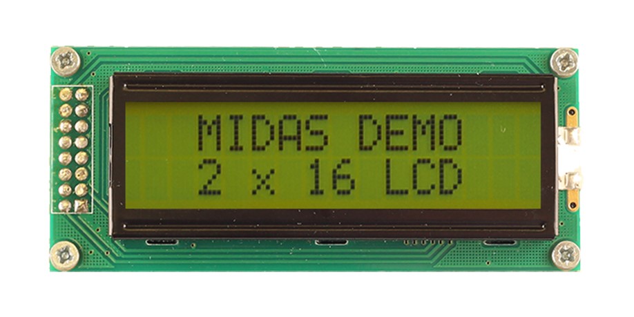 Midas MC21605B6W-SPTLY-V2 MC216 Alphanumeric LED LCD Monochrome Display, Black on Yellow, Green, 2 x 16