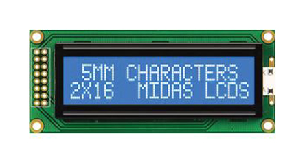 Midas MC21605B6WD-BNMLW-V2 B Alphanumeric LED LCD Monochrome Display, Blue on White, 2 x 16