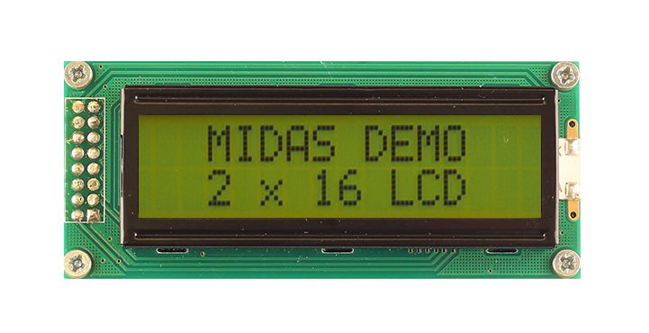 Midas MC21605B6WD-SPTLY-V2 MC21 Alphanumeric LED LCD Monochrome Display, Black on Green, Yellow, 2 x 16