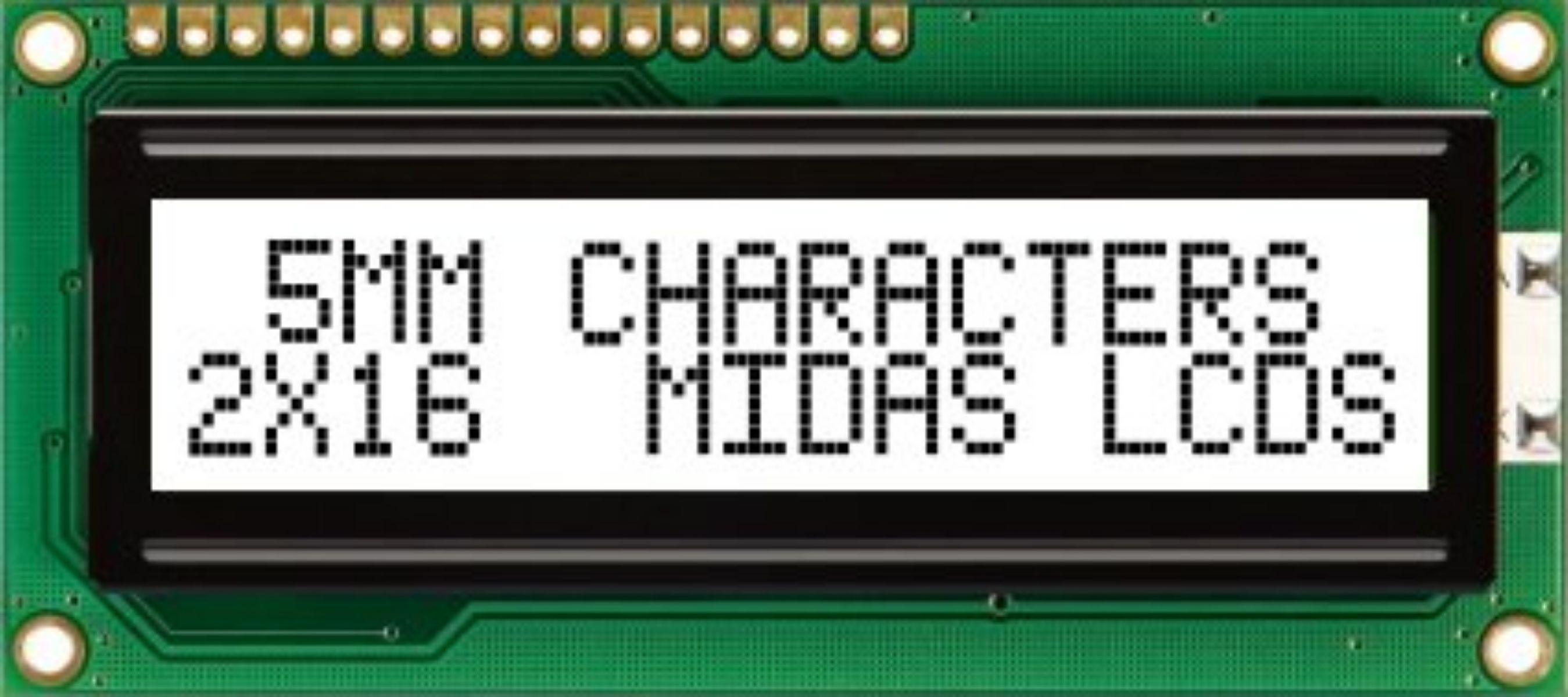 Midas MC21605C6W-FPTLW-V2 MC Alphanumeric LED LCD Alphanumeric Display, White on Green, Yellow, 2 x 16