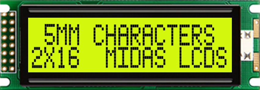 Midas MC21605D6W-SPR-V2 MC STN LCD LED LCD Module, Black on Green, Yellow