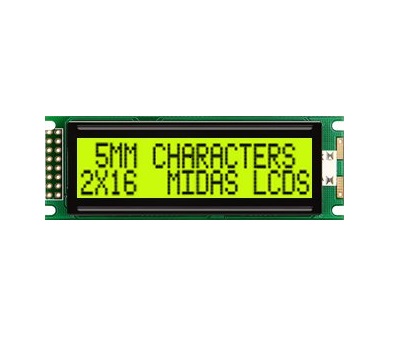 Midas MC21605DA6W-SPTLY-V2 MC STN LCD LED LCD Module, Black on Green, Yellow